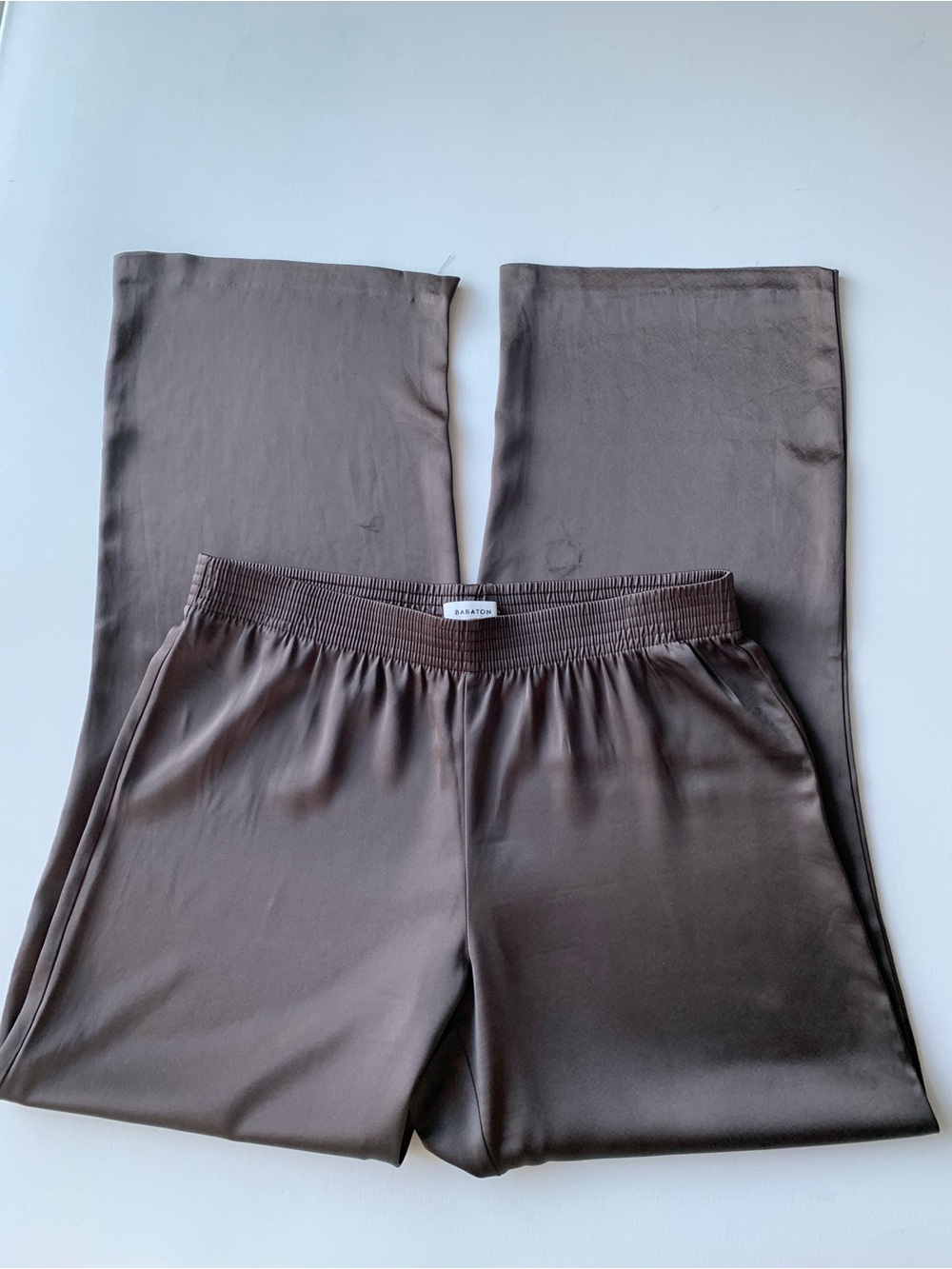 Babaton Satin Pant Elastic-Waist Wide Leg Pants in Chocolate women’s size L - Picture 6 of 13